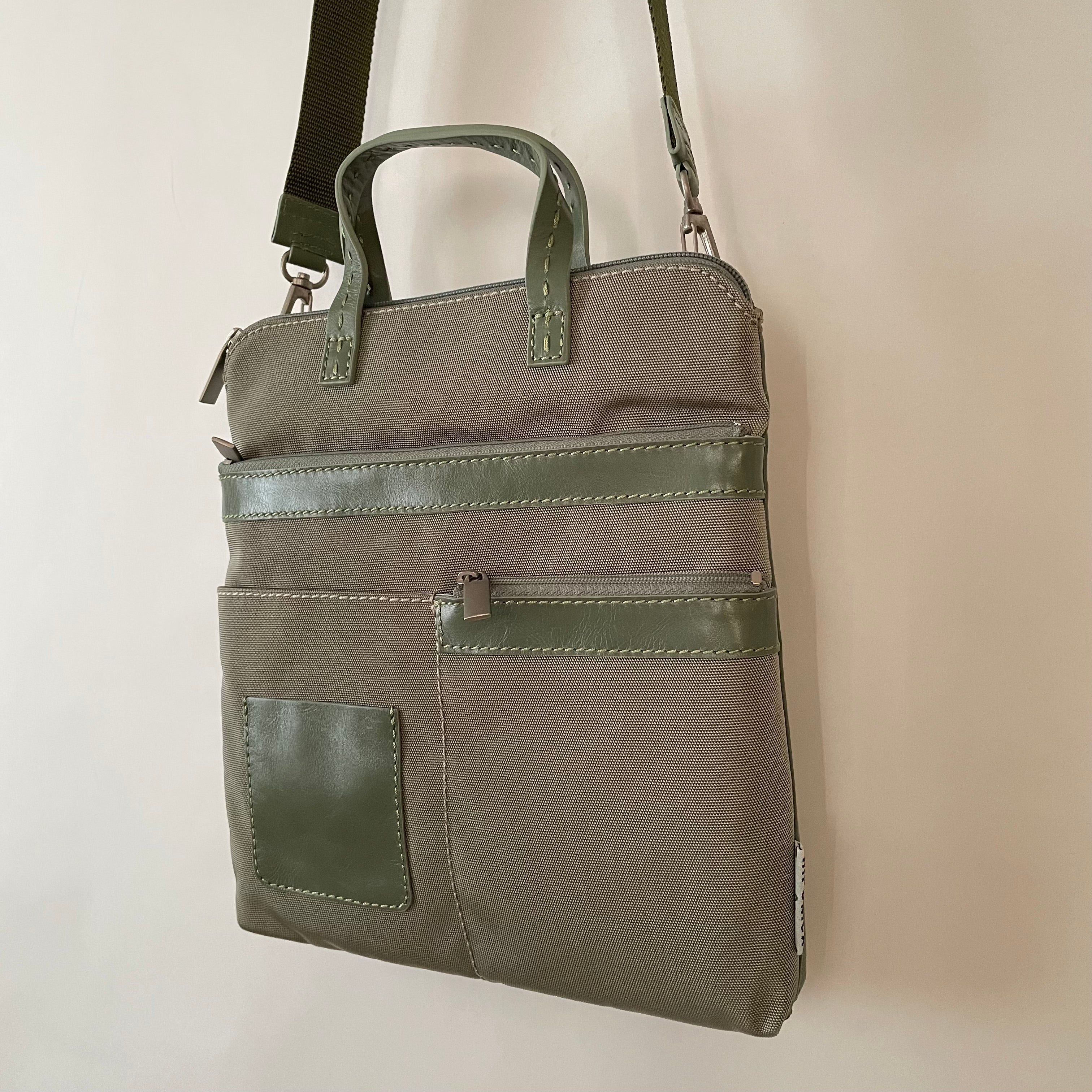 Premium Collection | Small Nylon x Leather Mix Cross-Body Shoulder Bag with Metal Zipper Pulls and Rose Embroidery | Sage